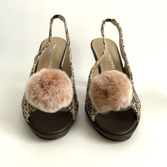 Via Condotti  Tweed Pom Pom Sling-back Peep-toe Sandals Brown 8 - Picture 4 of 11